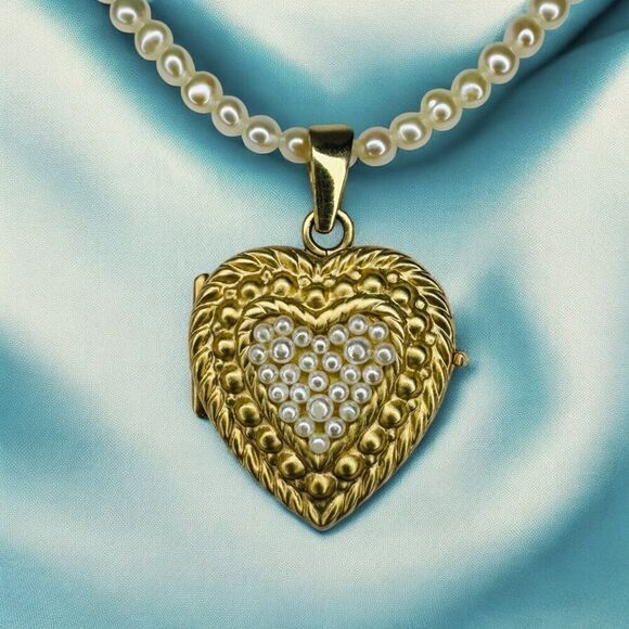 ANTIQUE- 14K Gold- Seed Pearl Heart Locket Necklace -19" -Victorian Era- 12.8g - Picture 4 of 16